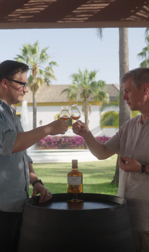 Master Whisky Makers, Gordon Motion and Marc Watson in cheers glasses of Sherry Skies in Jerez