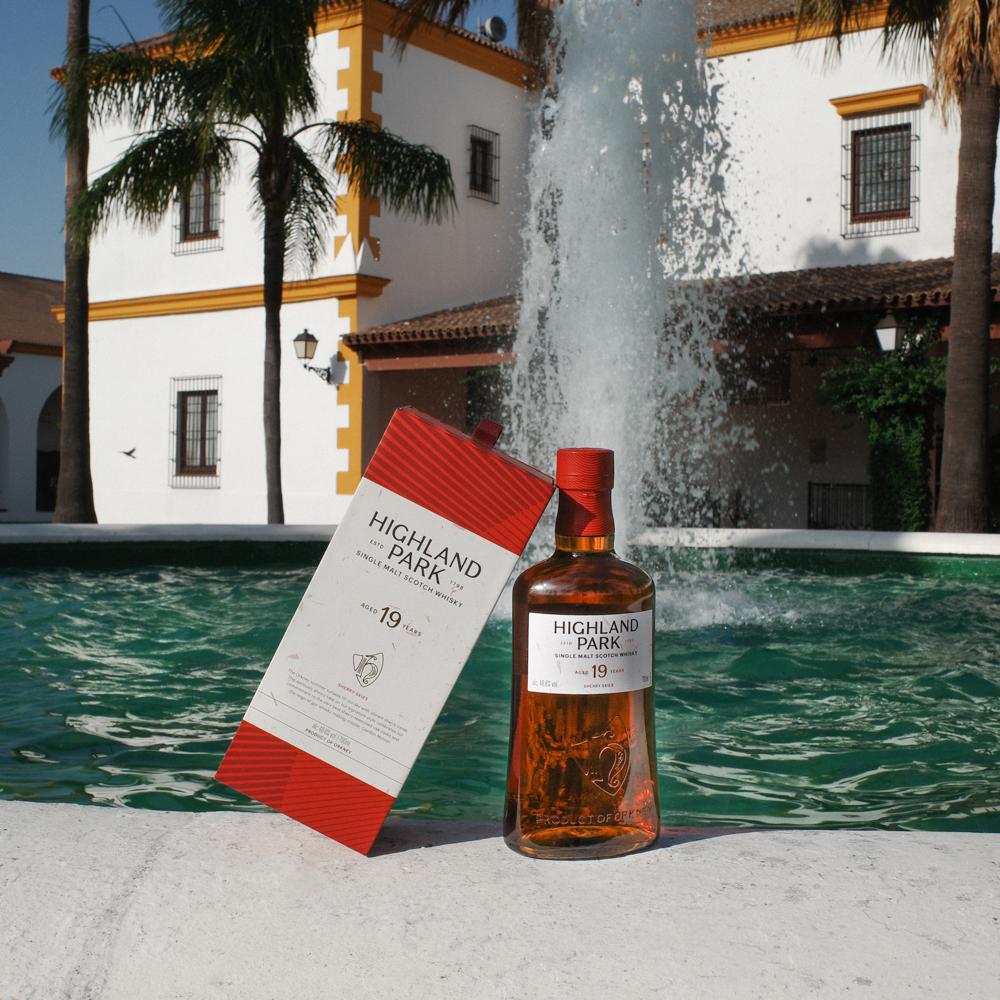 Sherry Skies Whisky in Front of Fountain