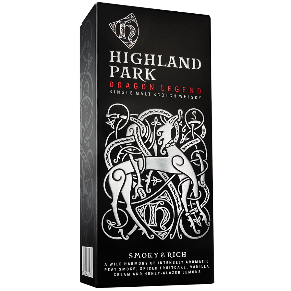 Front of view of Gift Carton Highland Park Dragon Legend with logo and viking patterns