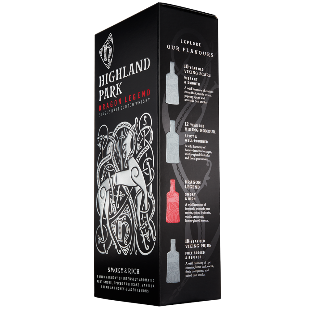Highland Park Dragon Legend Right Hand Side of Gift Carton with viking pattern and bottle information