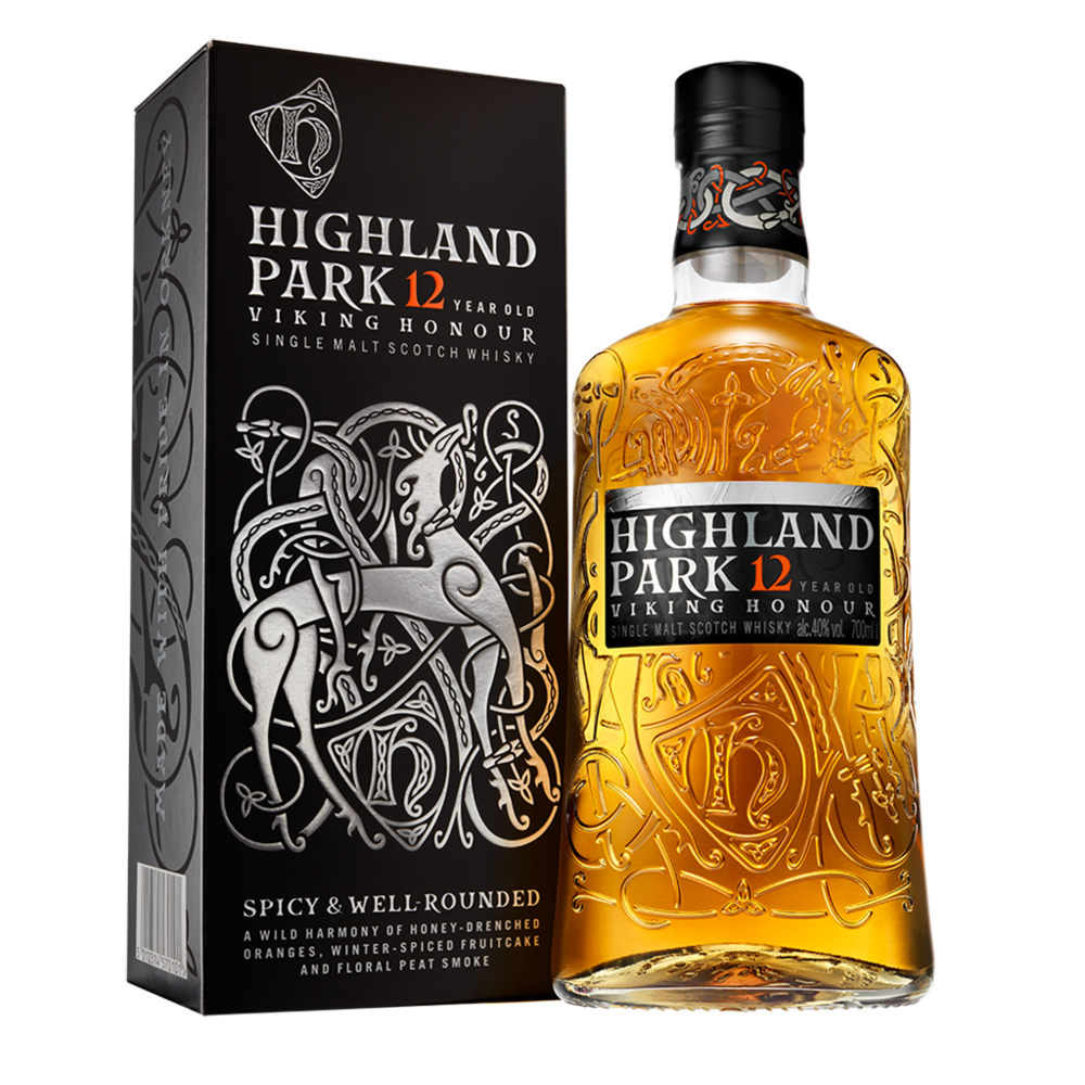 Highland Park 12 Year Old bottle with urnes design and carton 
