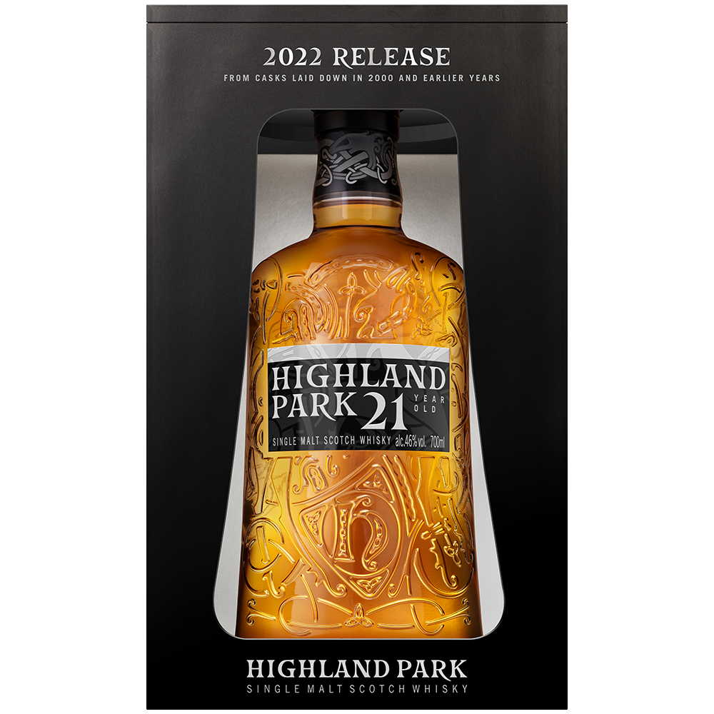 Highland Park 21 Year Old 2022 bottles with urnes design inside box