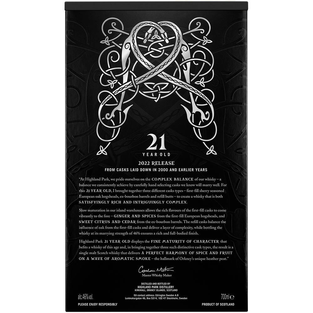 Highland Park 21 Year Old 2022 bottle rear of box