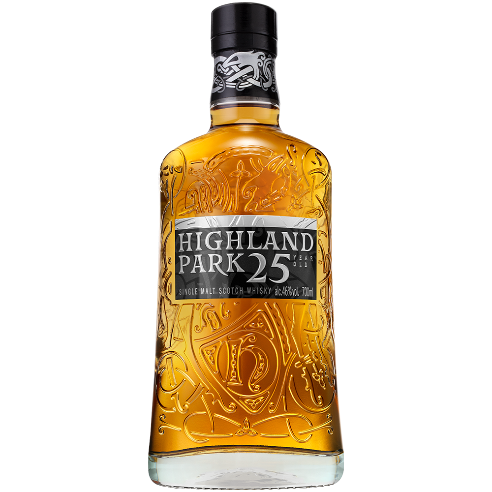 Highland Park 25 Year Old 2022 Release bottle with urnes design 