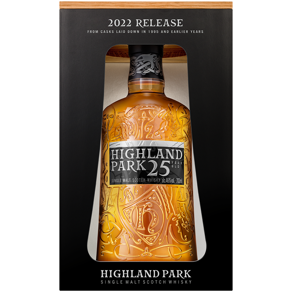 Highland Park 25 Year Old 2022 Release bottle with urnes design inside box