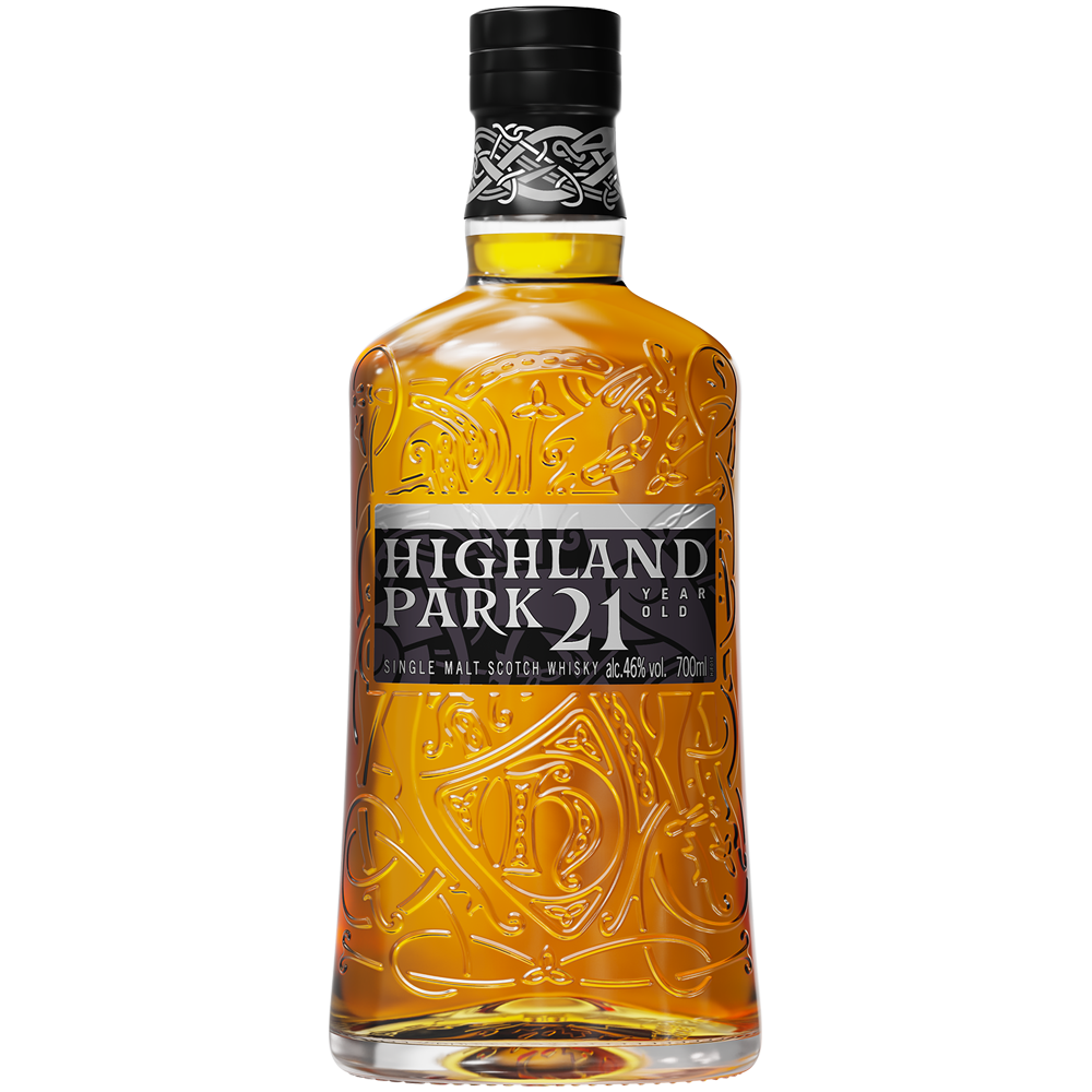Highland Park 21 Year Old bottle with urnes design 