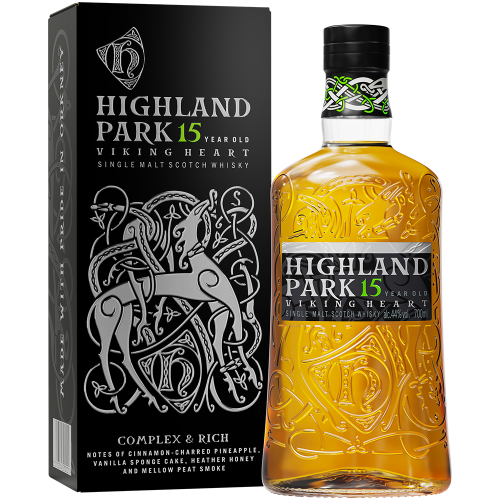 Highland Park 15 Year Old bottle with urnes design nd carton