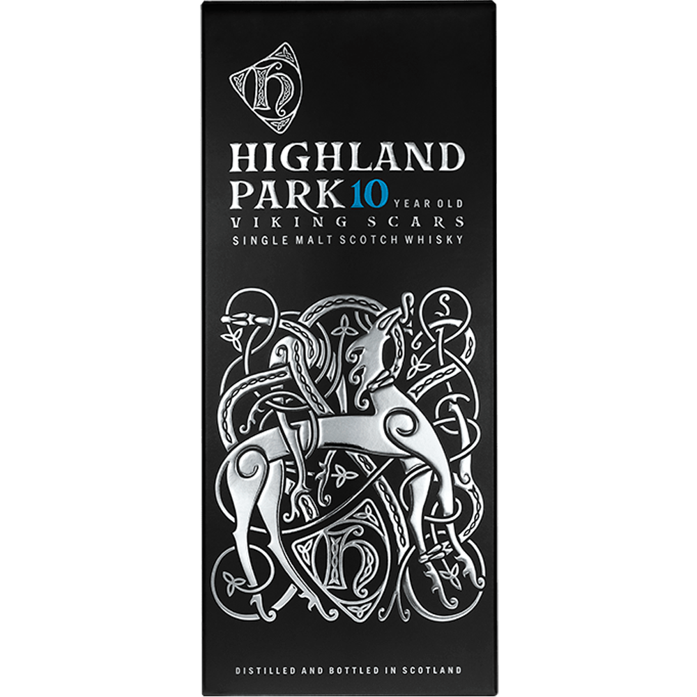 Front view of Highland Park 10 Year Old Single Malt Whisky box 