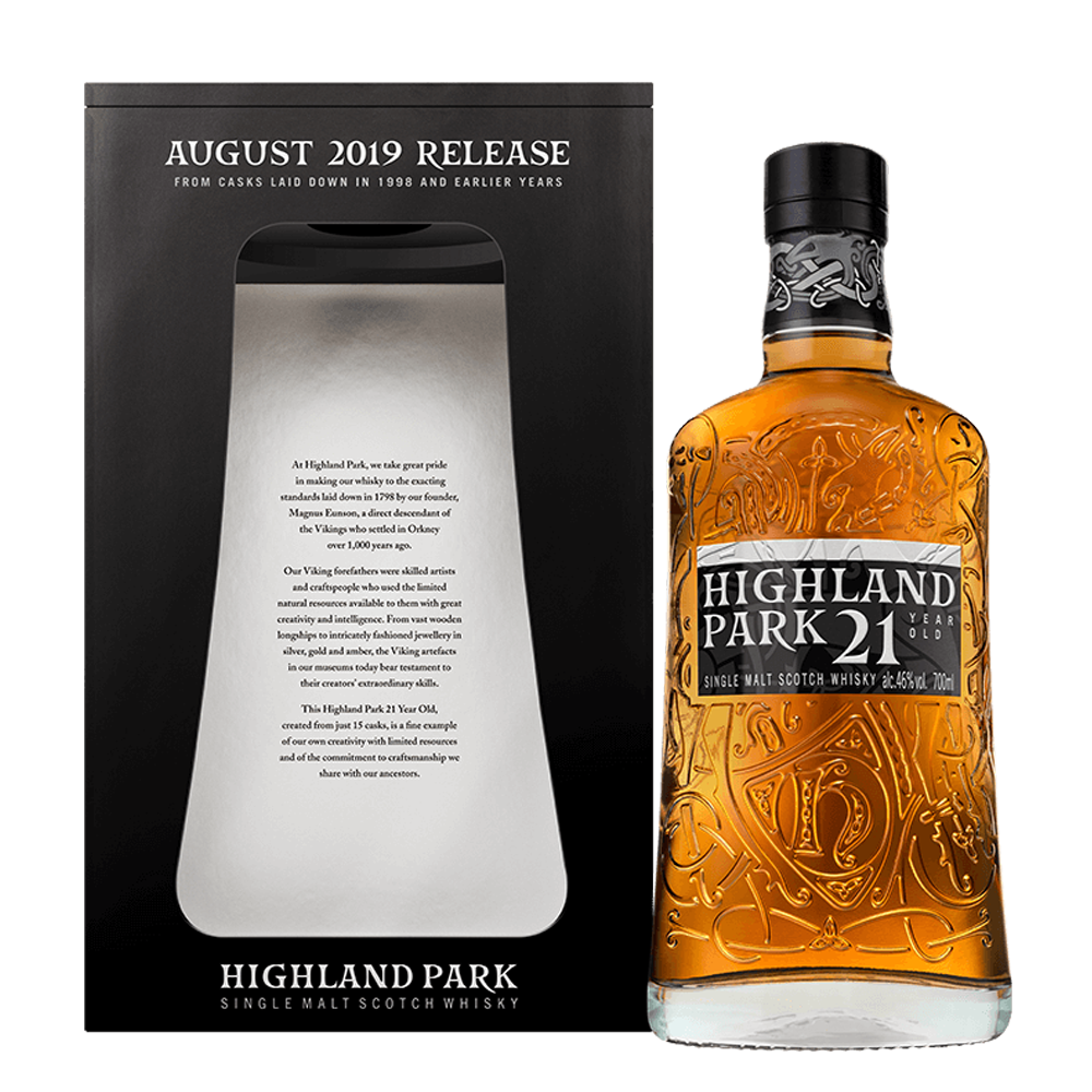 Box and bottle of Highland Park 21 Year Old Single Malt Whisky August 2019 Release