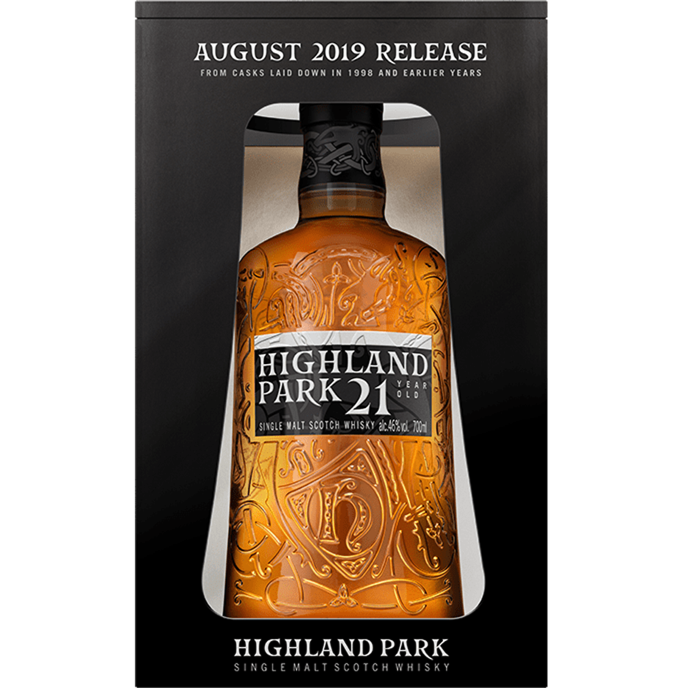 Gift boxed bottle of Highland Park 21 Year Old August 2019 Release Single Malt Whisky 