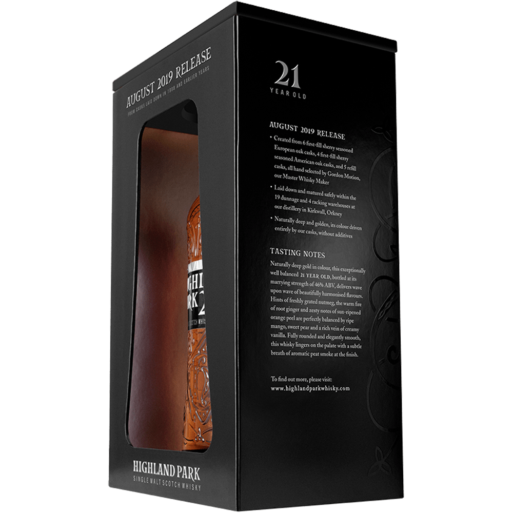 Boxed bottle of Highland Park 21 Year Old August 2019 Release Single Malt Whisky 