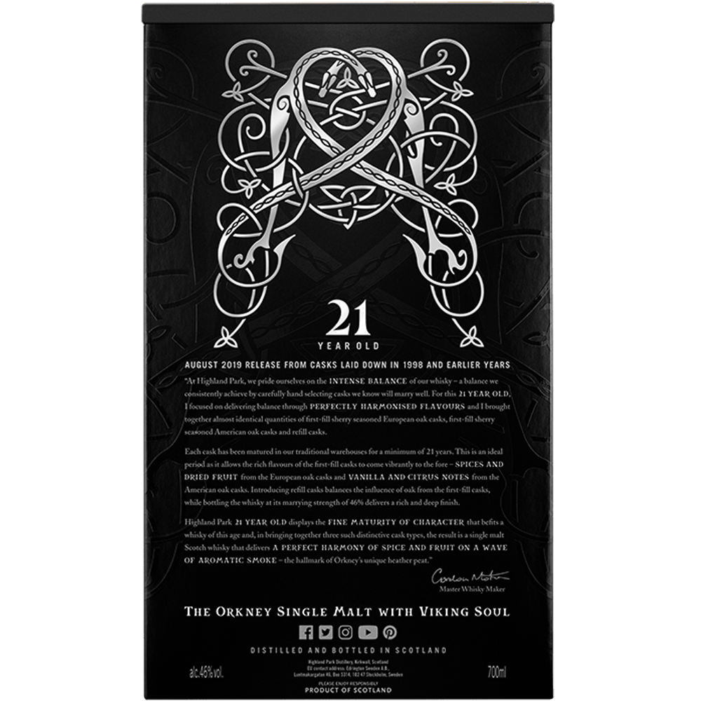 Back box information of Highland Park 21 Year Old August 2019 Release Single Malt Whisky 