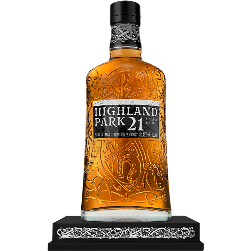 Bottle of Highland Park 21 Year Old Scotch Whisky on a plinth