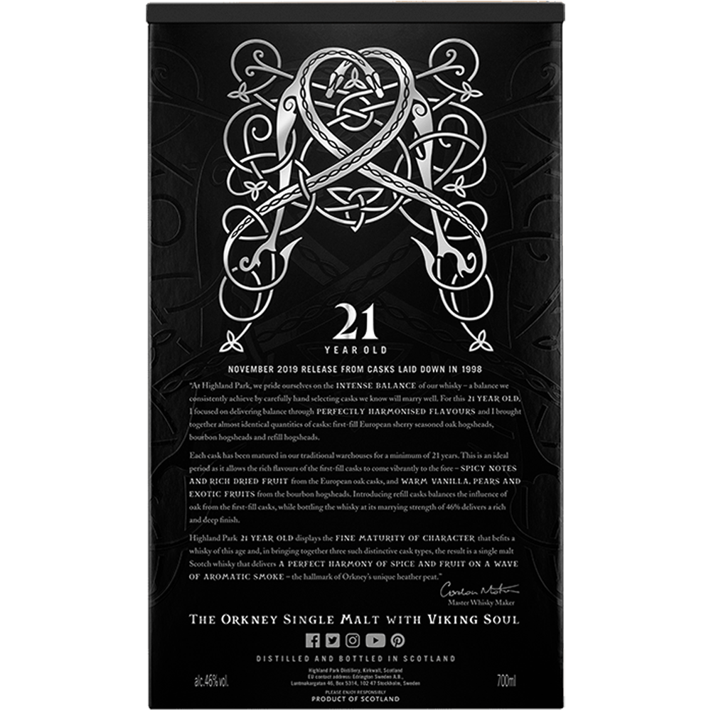 Back box information of Highland Park 21 Year Old Single Malt Whisky November 2019 Release