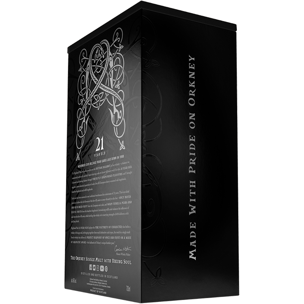 left box view of Highland Park 21 Year Old 2019 Release Single Malt Whisky 