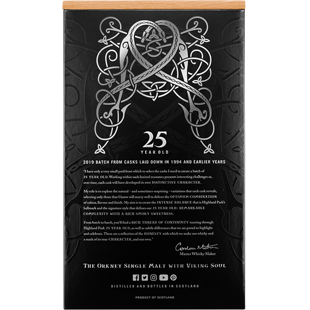 Back box information of Highland Park 25 Year Old Spring 2019 Release Single Malt Whisky 