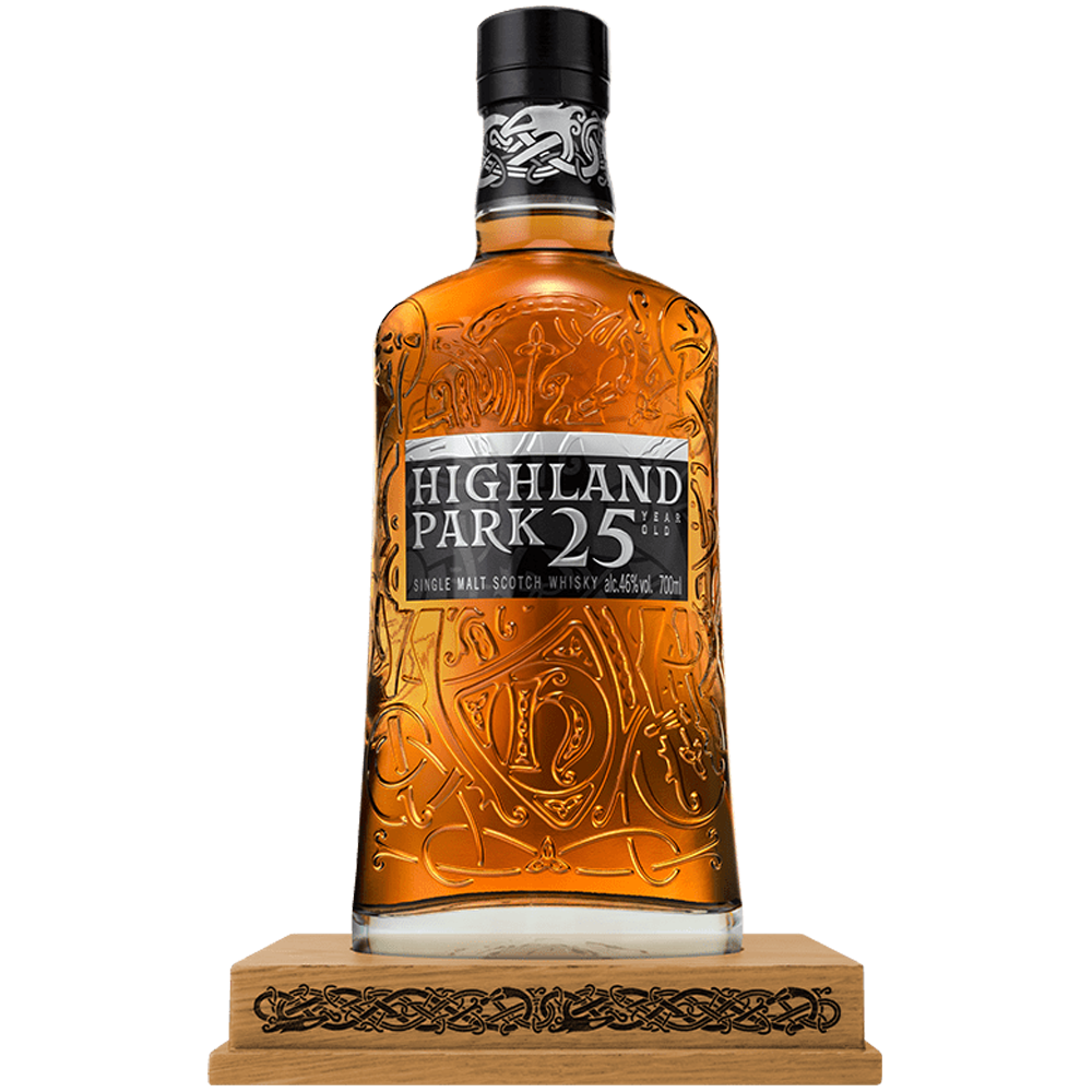 Plinth Stand with a bottle of Highland Park 25 Year Old Spring 2019 Release Single Malt Whisky 