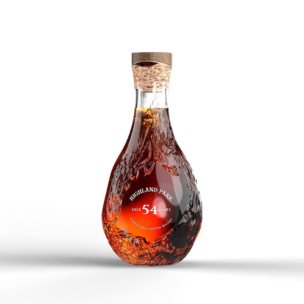 Highland Park single malt whiskey aged 54 Year Old in a clear glass patterned bottle