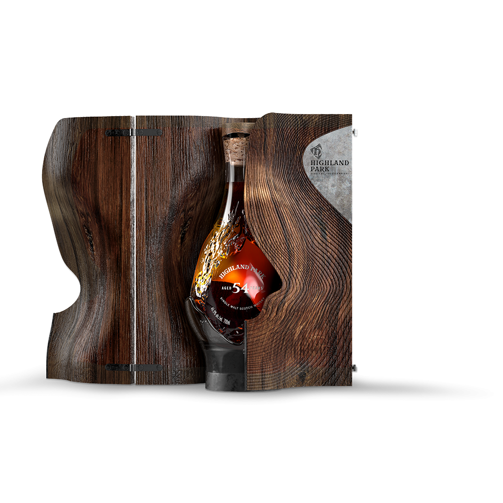 Highland Park 54 Year Old single malt whisky front box door open