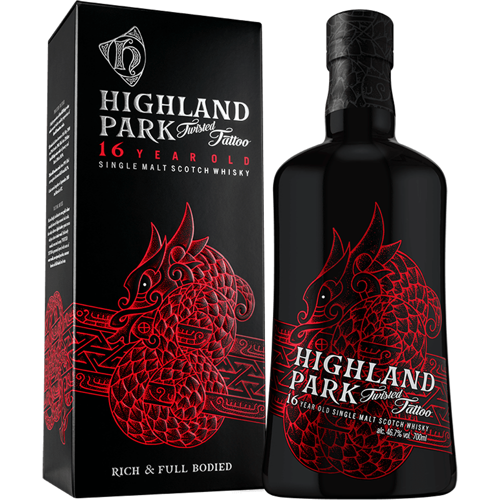 Highland Park 16 Year Old Twisted Tattoo Single Malt Whisky bottle and carton