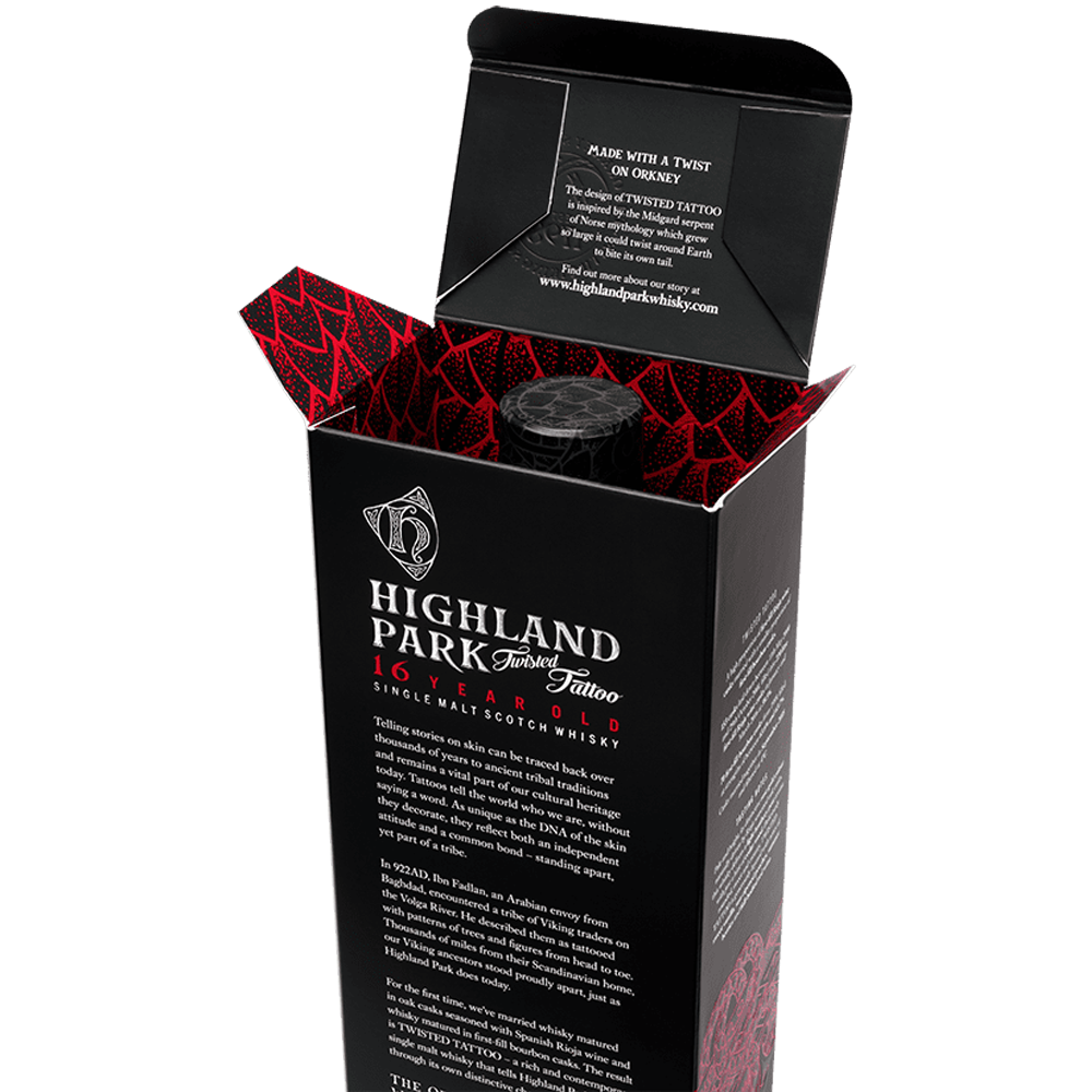 Highland Park Twisted Tattoo 16 Year Old Single Malt Whisky rear carton with lid