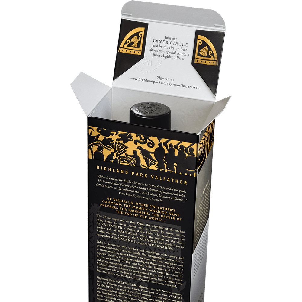 Highland Park Valfather Single Malt Whisky rear carton with open lid